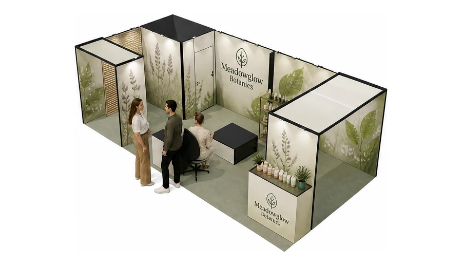Stoisko 8 × 4 m narożne lewe dla branży kosmetyki naturalne, przykładowa marka Meadowglow Botanics
