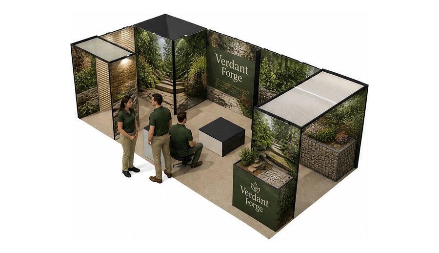 Stoisko 8 × 4 m narożne lewe dla branży ogród i architektura krajobrazu, przykładowa marka Verdant Forge