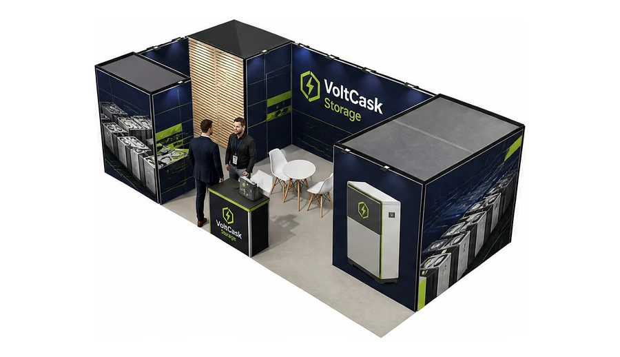 Stoisko 8 × 4 m narożne lewe dla branży magazyny energii, przykładowa marka VoltCask Storage