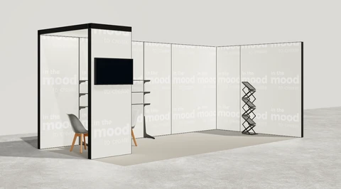 Wizualizacja: Stoisko narożne prawe 6×3 m, z regałami, z sufitem, z mocowaniem TV