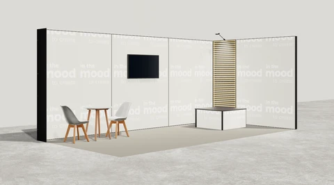 Wizualizacja: Stoisko narożne prawe 6×3 m, z mocowaniem TV