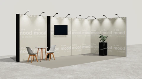 Wizualizacja: Stoisko narożne prawe 6×3 m, z mocowaniem TV