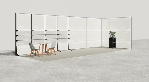 Wizualizacja: Stoisko narożne prawe 8×3 m, z regałami