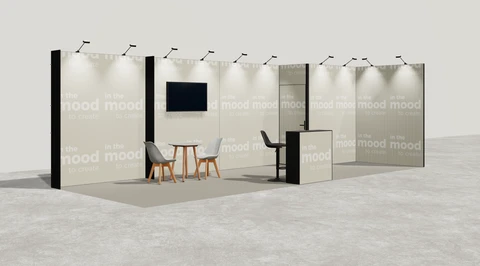Gotowe stoisko 8 × 3 m, narożne prawe
