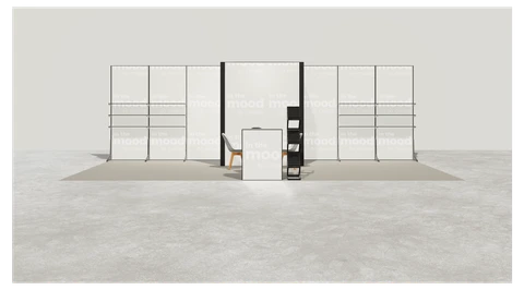 Wizualizacja: Stoisko półwyspowe 8×4 m, z zapleczem, z regałami, z ladą