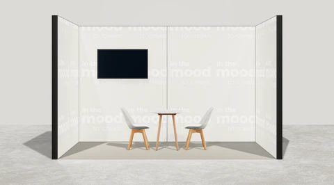 Wizualizacja: Stoisko szeregowe 4×2 m, z mocowaniem TV