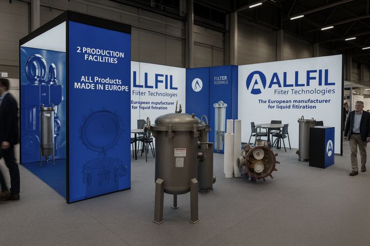 Stoisko Allfil z ekspozycją filtrów przemysłowych na podświetlanych ścianach