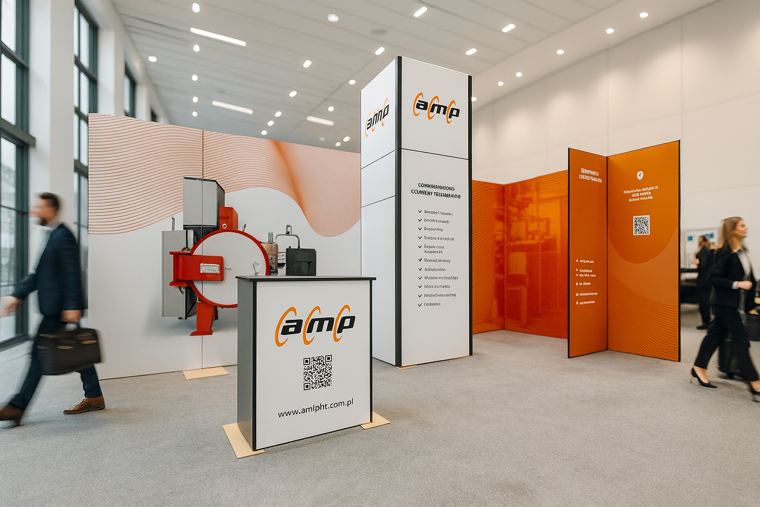 Stoisko AMP w systemie M50 z ladą i pomarańczowymi ściankami
