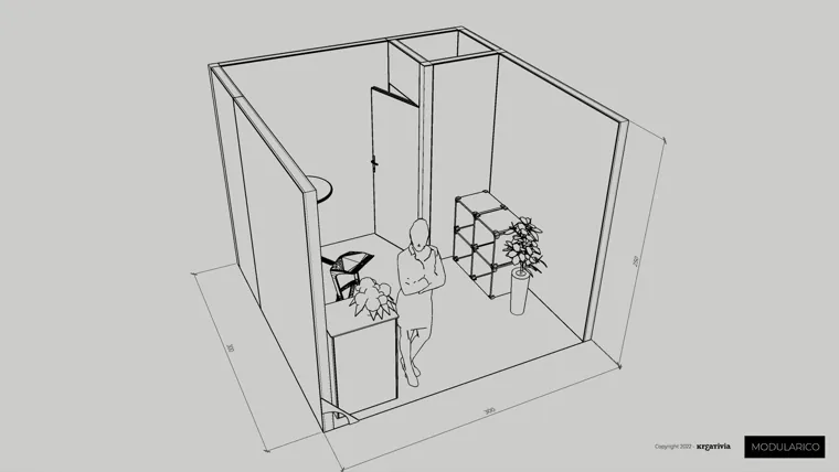 Rysunek stoiska 3 × 3 m z wymiarami, ladą i regałem
