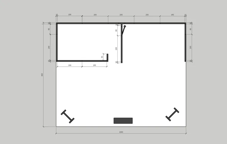 Rzut stoiska 10 × 8 m z układem ścian w literę C