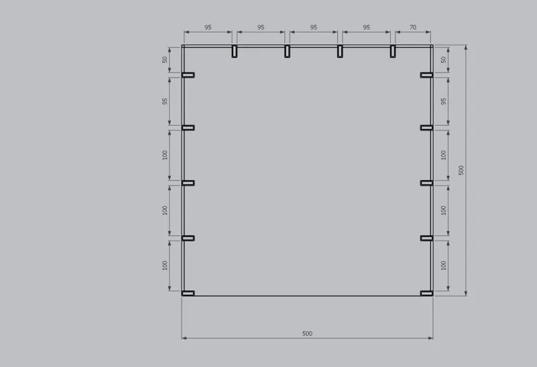 Rzut stoiska 5 × 5 m z rozstawem belek co 95 cm