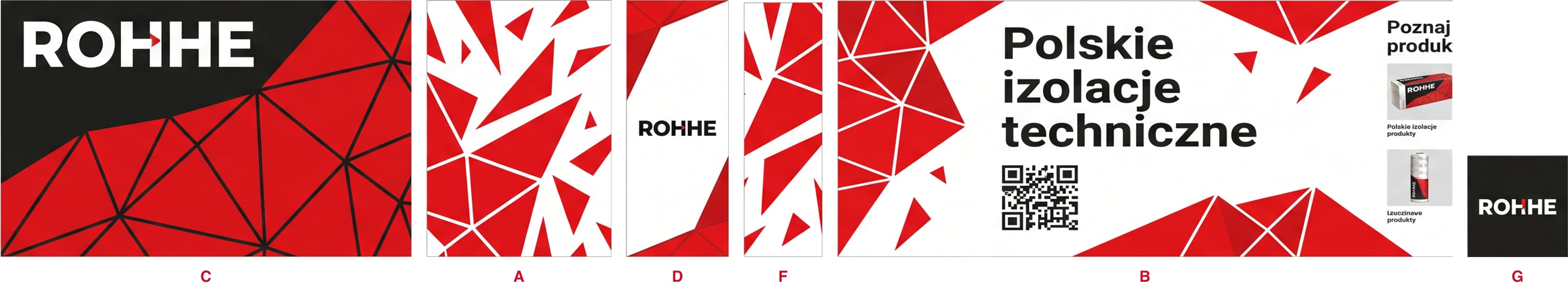 Sześć płaskich pól grafik A–G na ściany, czoło sufitu i ladę stoiska, złożone przez system Modularico z logo, hasłami i zdjęciami produktów ROHHE